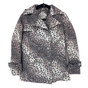 Anthropologie Joujou Gray Leopard Trench Short Double Breasted Jacket Large EUC